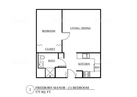 Floor plan for 1 bed, 1 bath, 575 sqft